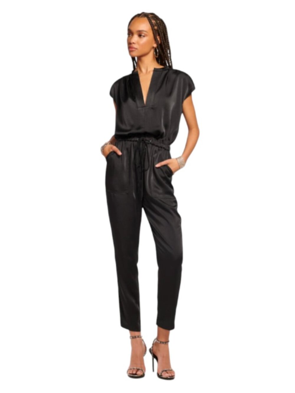 Ramy Brook Hudson Jumpsuit Womens Medium Black VNeck Sleeveless Satin Drawstring